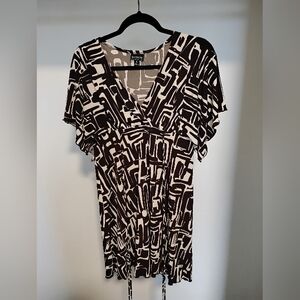 Enfocus Studio Brown And White Abstract V Neck Waist Tie Short Sleeve Dress